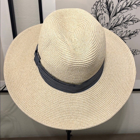 Glitzy Bella Brand Stylish Straw Hat with Grey Black Striped Ribbon - Picture 2 of 8